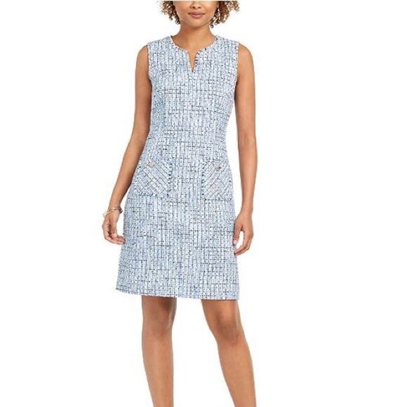NWOT KARL LAGERFELD Dress L Blue Tweed 2-Gold-Button Pocket-Fringe Sleeveless - Picture 1 of 15